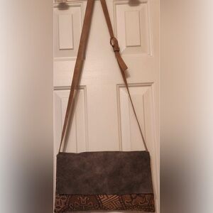 Robyn's Atelier 13" x 8" Tan Suede and Tapestry Crossbody Handbag